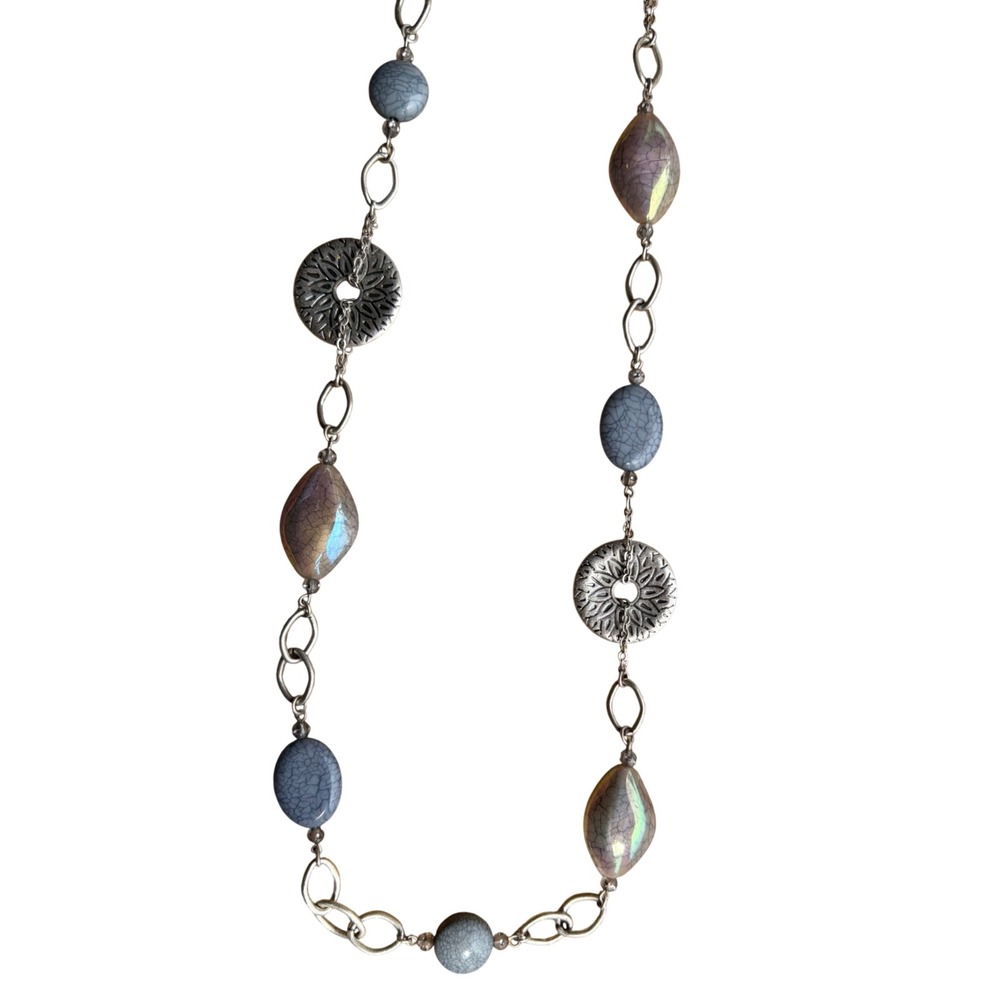 Silver Tone Iridescent  Blue Crackle Bead Long Station Necklace Crown Charm Boho